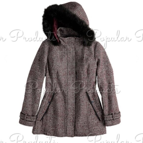 d.e.t.a.i.l.s | Faux Fur Hood Coat, Burgundy - Picture 3 of 5